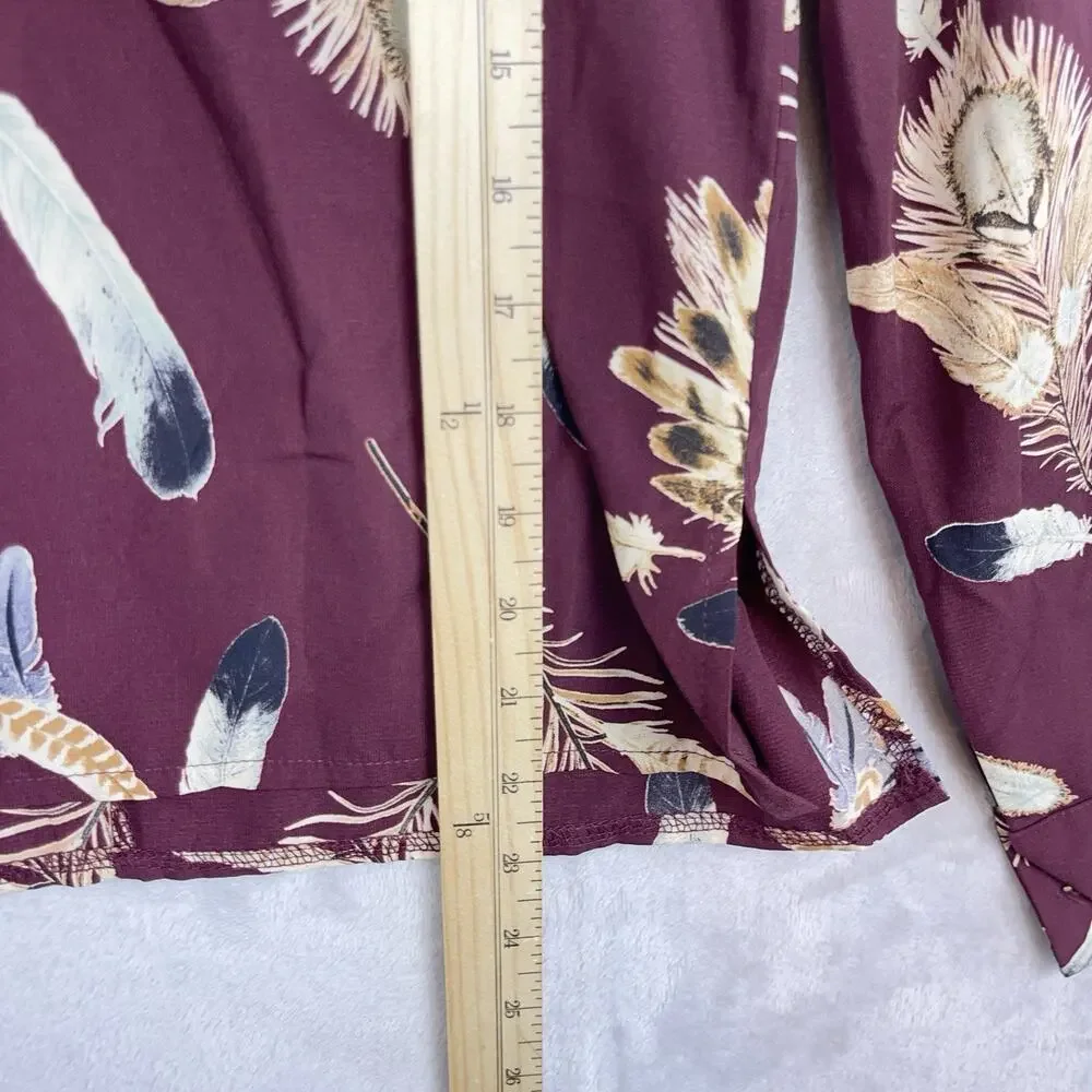 Pinkyotto New York Blouse Mock Nexk Feather Print Burgundy Top Med Boho Earthy
